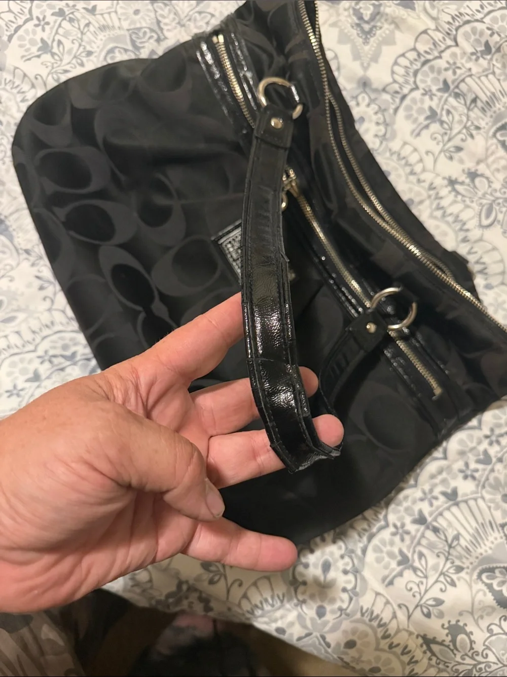 Coach Black Signature Shoulder Bag with Heart Zip Pull